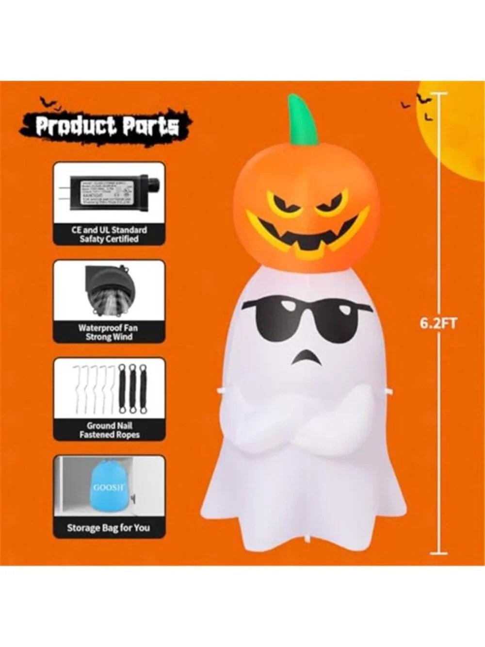 6.2 FT Halloween Inflatables Ghost with Pumpkin Outdoor Decorations Blow